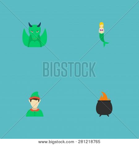 Set Of Fantasy Icons Flat Style Symbols With Fire, Mermaid, Gnome And Other Icons For Your Web Mobil