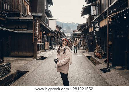 Takayama, Japan - December 2018 : Girl And Unidentify People Tourists Walking Around In Middle Of Ja