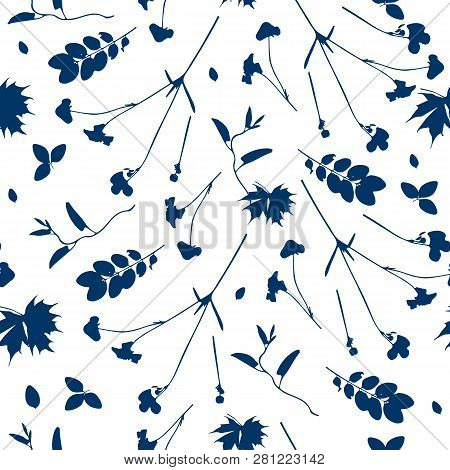 Vector Cute Cyanotype Seamless Flower Pattern. Big Set Of Cyanotype Floral Elements. Can Be Used For