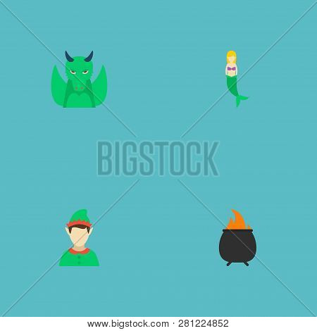 Set Of Cartoon Icons Flat Style Symbols With Fire, Mermaid, Gnome And Other Icons For Your Web Mobil