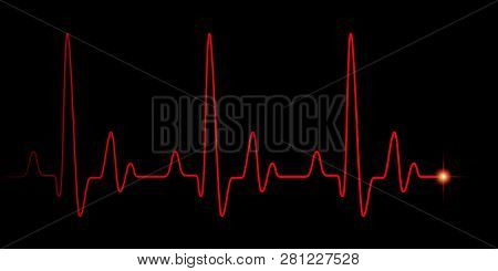 Heart Pulse Red Graphic Line On Black, Healthcare Medical Background With Heart Cardiogram, Cardiolo