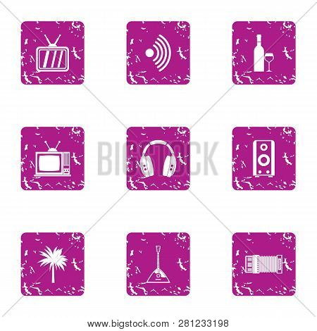 Romantic Night Icons Set. Grunge Set Of 9 Romantic Night Icons For Web Isolated On White Background