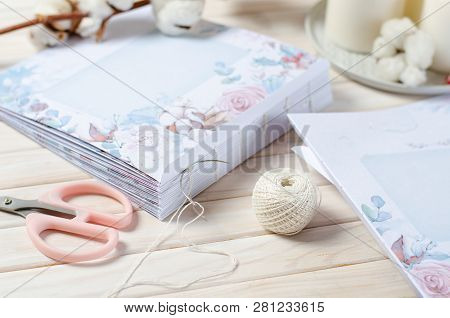 Book Binding. Thread And Pages. Handmade Coptic Binding. Scrapbooking. Copy Space