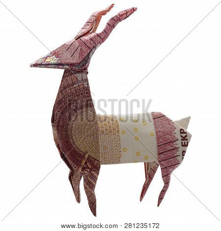 Money Origami Red Deer Wild Animal Folded With Real 10 Euro Note Isolated On White Background