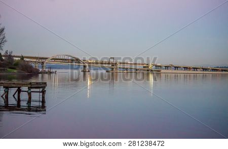 A View Of The End Of The Highway I-90 Brdige In Seattle, Washington. It Is Evening.