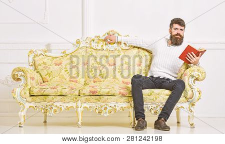Self Education Concept. Macho On Calm Face Reading Book, Studying. Man With Beard And Mustache Sits 