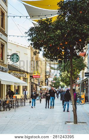 Nicosia, Cyprus - February 20, 2017: People Is Moving Through Ledra Street - The Main Shopping Avenu