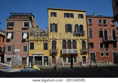 Striking Colorful Buildings In The Sotoportego Del Diamante In Venice. Travel, Holidays, Architectur