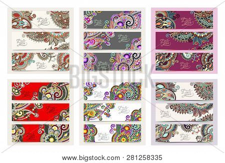 Set Of Decorative Flower Template Banner In Indian Kalamkari Stile