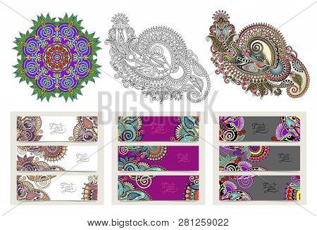 Set Of Decorative Flower Template Banner In Indian Kalamkari Style
