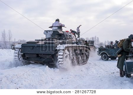 Krasnoye Selo, St. Petersburg, Russia - January 19, 2019: Military Historical Reconstruction - The B