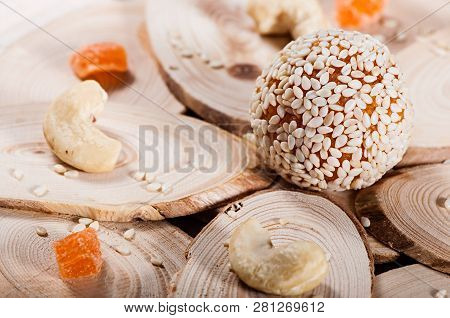 Candy Of Sweet Dried Apricots And Cashew Nuts, Sweets From The East. Fitness Food.
