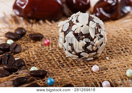 Candy Of Sweet Dates And Almonds, Sweets From The East. Fitness Food.