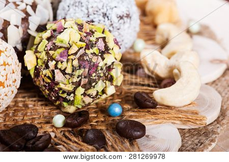 Candy Of Sweet Dates And Cashews, Sweets From The East. Fitness Food.
