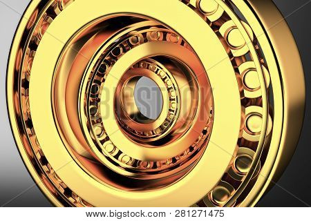 3d Rendering. Automotive Gold Bearings Auto Spare Parts. Tapered Roller Bearing Isolated On A Dark B