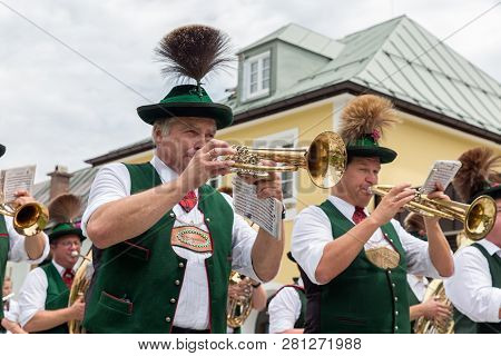 Berchtesgaden, Germany - July 09, 2017: Local Festival With Parade Of Fanfare And People Dressed In 