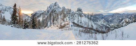 Spectacular Winter Mountain Landscape Illuminated By Setting Sun.