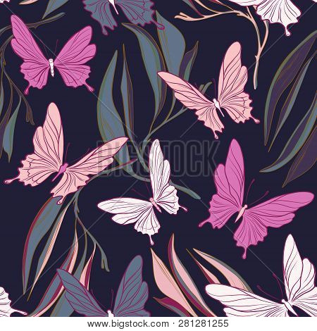Butterfly Fabric Pattern. Foliage Leves And Beautiful Flying Insects Spring Objects. Summer Cloth, V
