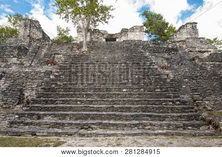 View of the top of the ancient Mayan pyramid of Kinichna near Costa Maya, Mexico.