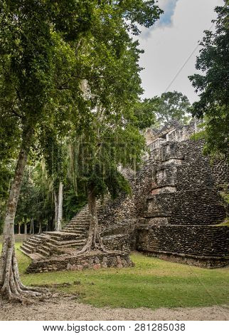 Side view of the Mayan temple of Dzibanche in the rain forest of Mexico.