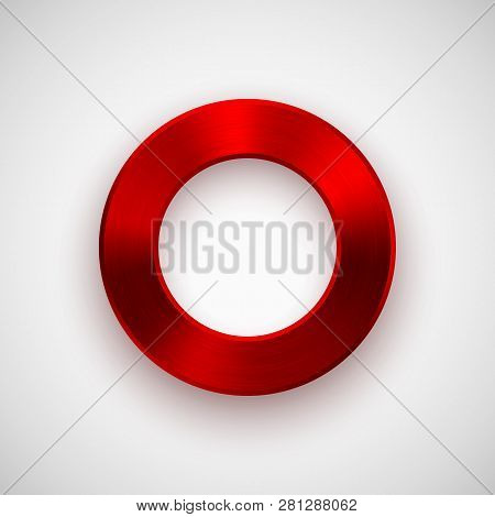 Red Metal Circle, Donut, Ring Badge, Blank Button Template With Metallic Texture, Chrome, Silver, St