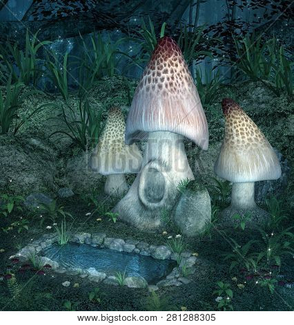 Fantasy Mushrooms Near A Pond By Night - 3d Illustration