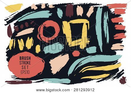 Grunge Brush Strokes Various Shapes. Artistic Painted Spots Grungy Set. Hand Drawn Shapes And Lines 