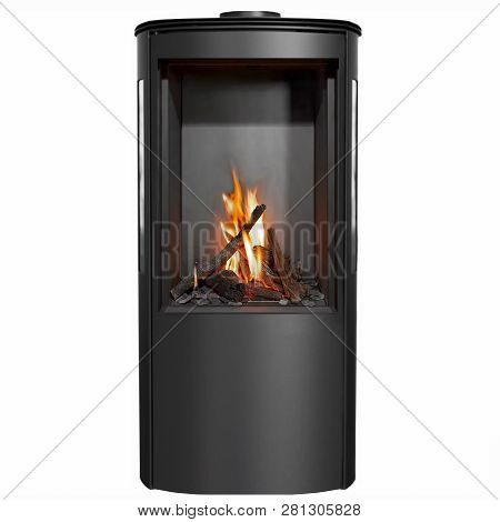 Modern Burning Fireplace Stove Isolated On White Background.