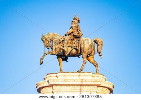 Rome, Italy - November 17, 2018: Bronze Statue Of The First King Of A Unified Italy Victor Emmanuel 