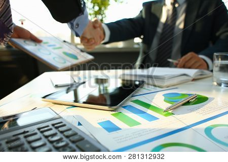 Businessman In Sut Hand Shake In Ofiice Closeup. Introduce Manager Job Man Risk Chart Paper How Deal