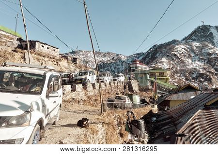 Tsomgo Lake, Gangtok, India 2 Jan, 2019: Tourist Cars Lined Up Near Rope Way Building. A Short Ropew