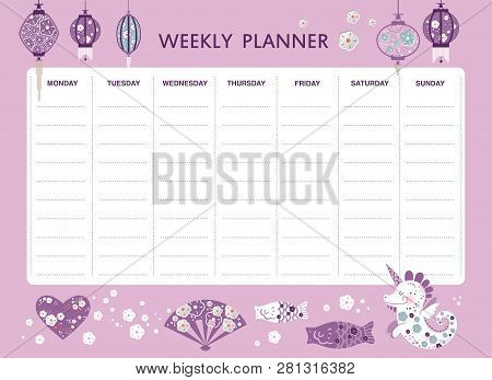 Vector Weekly Planner With Japanese Icons In Cartoon Style And Cute Elements, Umbrella, Carp, Lanter