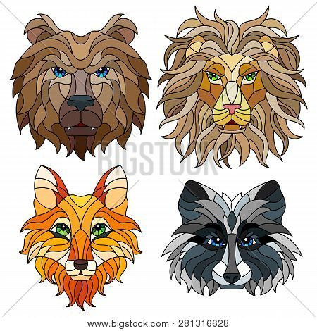 A Set Of Stained Glass Items, Stained Glass With Animal Heads, A Fox, A Lion, A Bear And A Raccoon, 