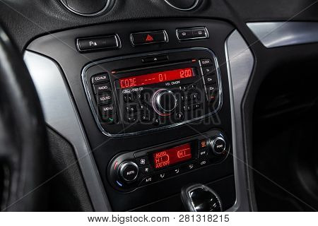 Novosibirsk, Russia - January 30, 2019:  Ford Mondeo,   Close-up Of The Dashboard And Player. Photog