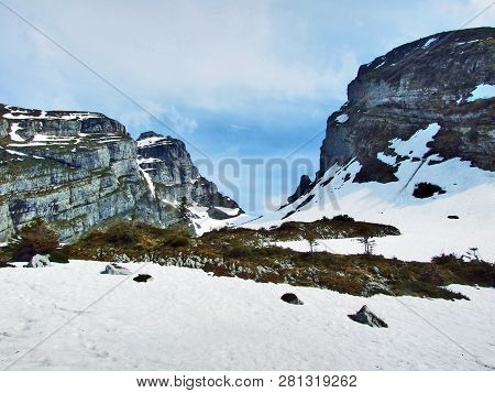 Alpine Peaks Schibenstoll And Zuestoll In The Churfirsten Mountain Range, Between The Toggenburg Reg