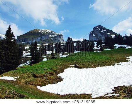 Alpine Peaks Schibenstoll And Zuestoll In The Churfirsten Mountain Range, Between The Toggenburg Reg