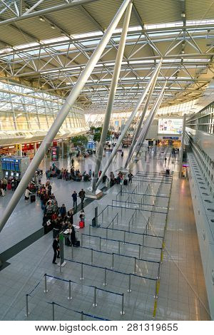DUSSELDORF, GERMANY - CIRCA OCTOBER, 2018: interior shot of departure level in Dusseldorf airport.