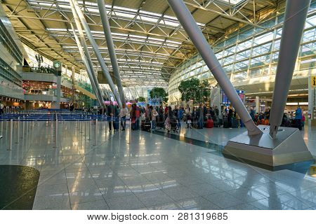 DUSSELDORF, GERMANY - CIRCA OCTOBER, 2018: interior shot of departure level in Dusseldorf airport.