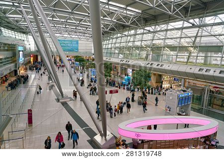 DUSSELDORF, GERMANY - CIRCA SEPTEMBER, 2018: interior shot of departure level in Dusseldorf airport.