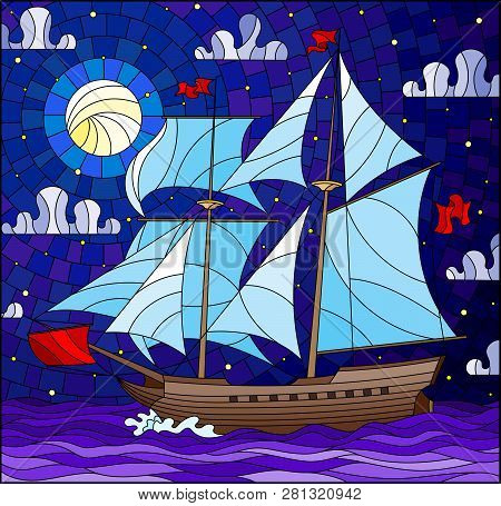 Illustration In Stained Glass Style With Sailboats With Hite Sails Against The Starry Sky, The Sea A