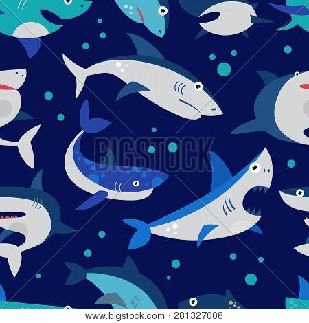 Shark Vector Cartoon Seafish With Sharp Teeth In Jaw Illustration Set Of Attacking Fishery Character