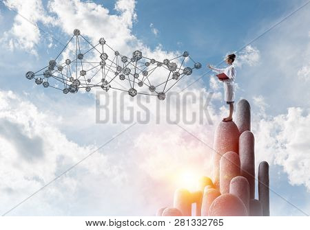 Young Female Doctor With Folder In Hands Satnding On Stone Column. 3d Rendering