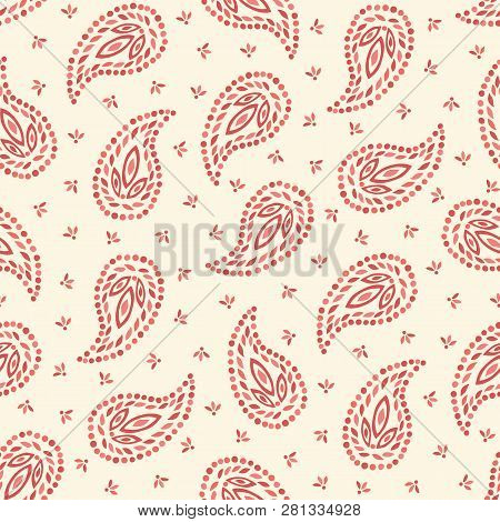 Traditional Medium Scale Coral Paisley Foulard Vector Seamless Pattern. Whimsical Classic Background