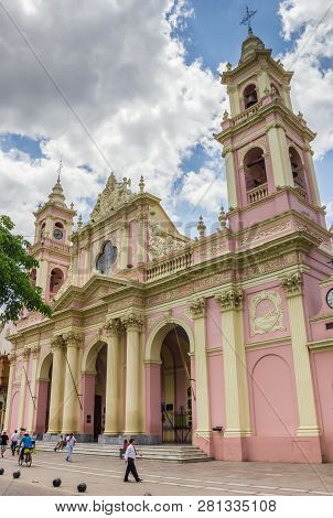 Salta, Argentina - November 16, 2012: Pink And Yellow Basilica Cathedral Of Salta, Argentina