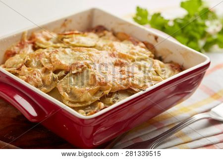Potatoes a la dauphinoise in a baking dish