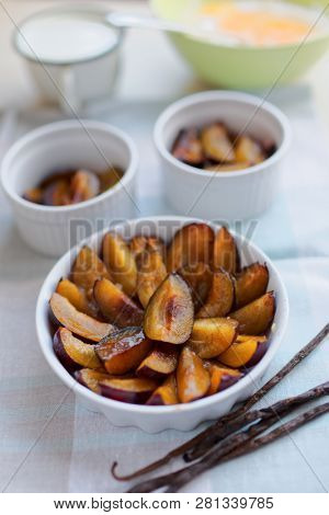 Ingredients for cooking plum clafoutis