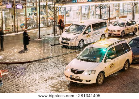 Tallinn, Estonia - December 3, 2016: Taxi Cars Parking Near Viru Gates Entrance To Old Part Town Est