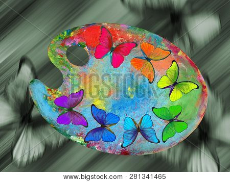 Colors Of Nature. Colors Of Rainbow. Palette With Colorful Paints And Morpho Butterflies Isolated On