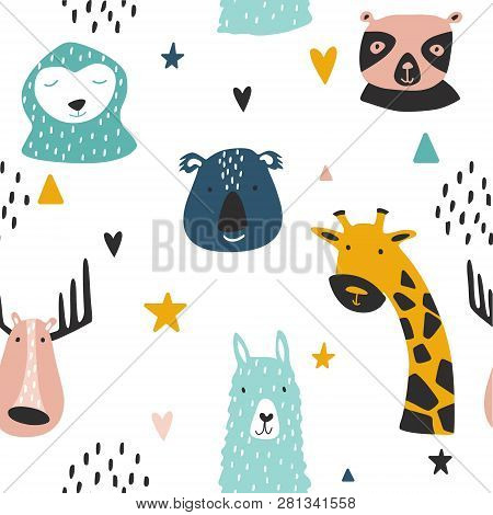 Safari Baby Animals Seamless Funny Pattern. Vector Kid Print. Hand Drawn Doodle Illustrations In Sca