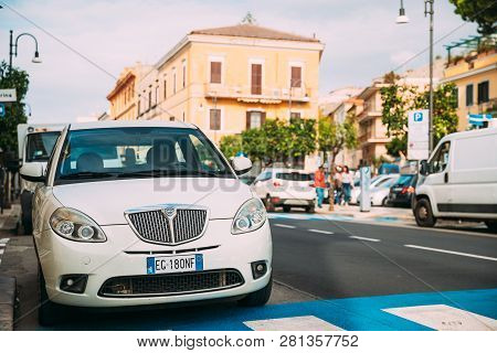 Terracina, Italy - October 16, 2018: White Color Lancia Ypsilon 843 Facelift Car Of Second Generatio